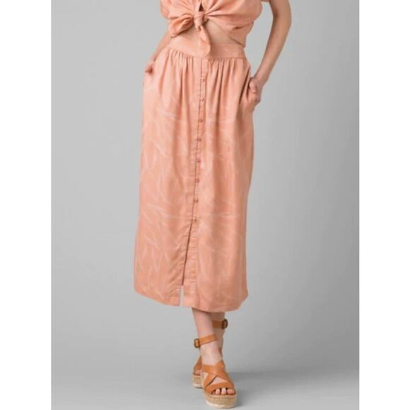 PrAna Swift Lake Apple Blossom Leaves Button Down Midi Skirt SZ M - Picture 1 of 9